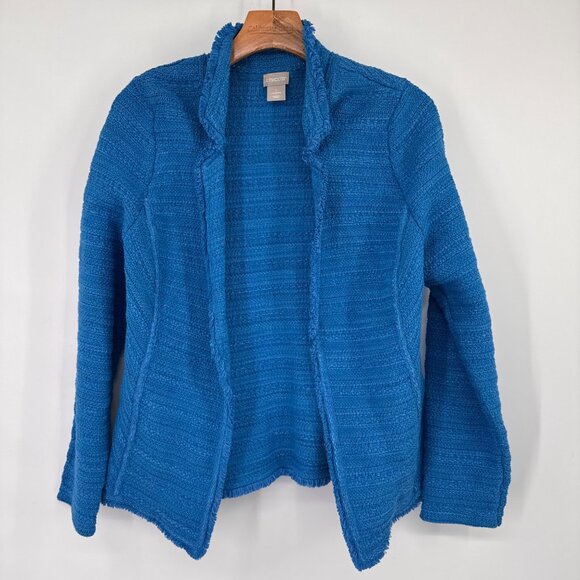 Chicos 1 Womens Blue Textured Open Front cardigan Jacket Size Medium cotton - Picture 6 of 15